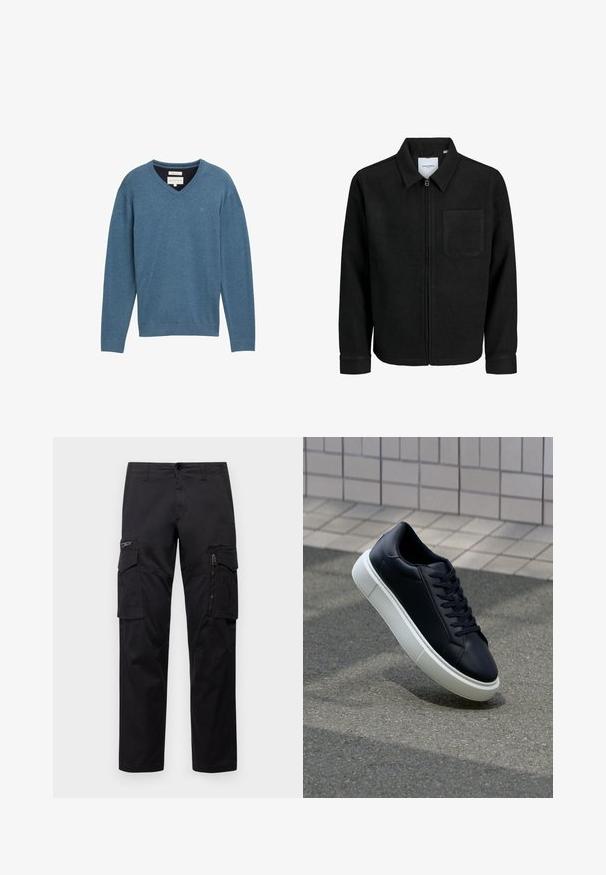 Melna jaka ar rāvējslēdzēju un apkakli, vienu krūšu kabatu, parādīta uz baltas fona.; Zils kokvilnas V veida kakla džemperis ar garām piedurknēm un ribotām aprocēm. Iezīmēts ar mazu logotipu uz krūšu daļas un mīkstu, teksturētu audumu.; Melnas cargo bikses ar vairākiem kabatām, ar rāvējslēdzēju kabatu uz augšstilba, taisnu piegriezumu un izturīgu kokvilnas audumu ar vieglu spīdumu.; Melnas ādas kedas ar noapaļotu pirkstu un baltu gumijas zoli. Iespējas - plakanas šņorītes un minimāla apdare augšdaļā. Struktūrēta zole, lai nodrošinātu saķeri.