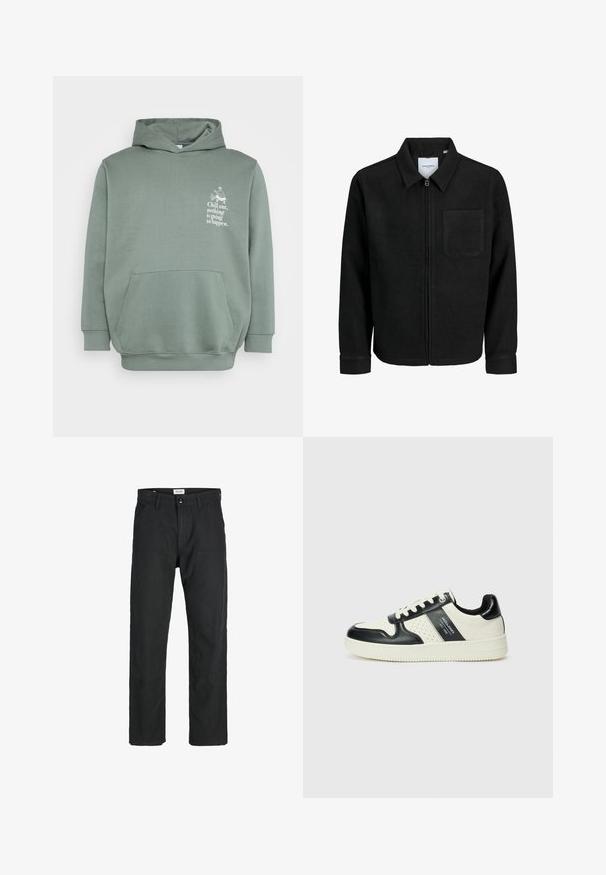 Črna jakna z zadrgo in ovratnikom ter enim žepom na prsih, prikazana na beli podlagi.; Svetlo zelena kapuca iz mehkega materiala. Ima sprednji žep, kapuco z vrvico in tiskano besedilo z grafičnim dizajnom na prsih.; Črne hlače iz trpežnega materiala, s krojem naravnih nog, našitki ter dvema sprednjima žepoma za funkcionalnost.; Usnjeni športni čevlji z črno in krem barvno shemo, ki vključujejo perforirane dodatke, podložen ovratnik in strukturirano podplat.