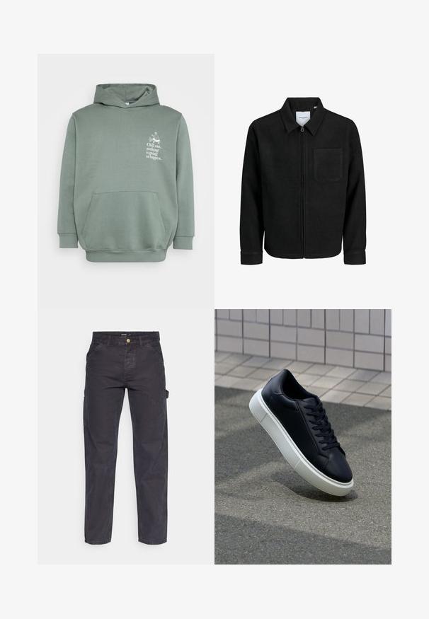 Giacca nera con zip, colletto e una tasca sul petto, mostrata su sfondo bianco.; Felpa verde chiaro realizzata in tessuto morbido. Caratterizzata da una tasca frontale, un cappuccio con cordino e testo stampato con un design grafico sul petto.; Pantaloni cargo grigio scuro realizzati in tessuto resistente, con un taglio dritto, cinque tasche e chiusura a bottoni in vita.; Sneaker in pelle nera con punta arrotondata e suola in gomma bianca. Presenta lacci piatti e cuciture minime sulla parte superiore. Suola testurizzata per una migliore aderenza.