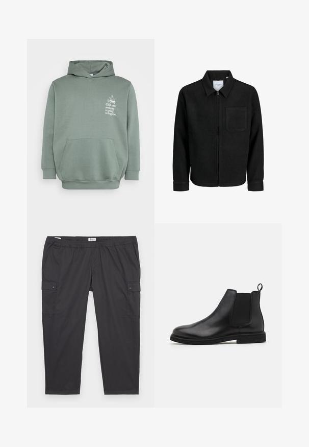 Veste zippée noire avec col et poche poitrine unique, présentée sur fond blanc.; Sweat à capuche vert clair en tissu doux. Comprend une poche frontale, une capuche avec cordon de serrage, et un texte imprimé avec un design graphique sur la poitrine.; Pantalons cargo noirs avec une taille élastique, des poches latérales et des accents de boutons-pression. Fabriqués en tissu léger et lisse.; Bottines Chelsea en cuir noir avec panneaux élastiques sur les côtés et une languette. Bout arrondi et semelle en caoutchouc plate, mettant en valeur une finition lisse.