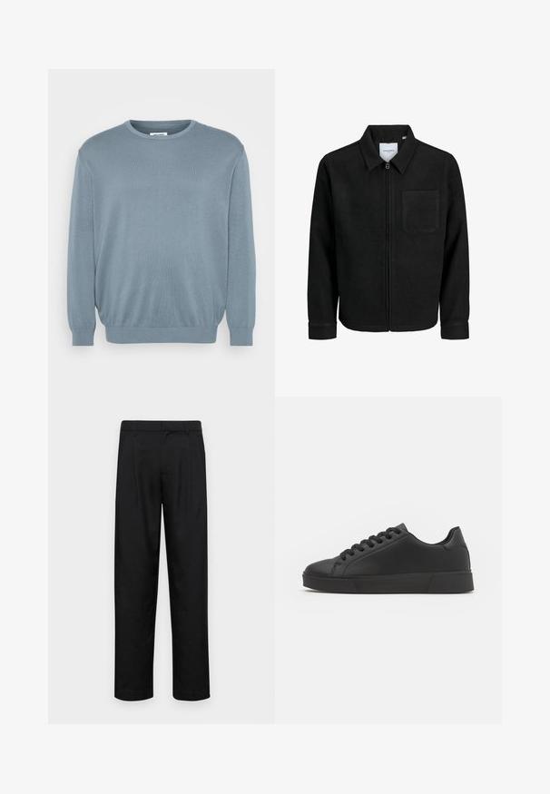 Schwarze Zip-Jacke mit Kragen und einer einzelnen Brusttasche, auf weißem Hintergrund präsentiert.; Helles blaues Sweatshirt aus Strickstoff, mit rundem Halsausschnitt und gerippten Bündchen und Saum. Einfaches Design mit einer weichen Textur.; Schwarze Hose aus glattem Stoff, mit geradem Bein Design, zwei vorderen Falten und einem Standardbund mit Gürtelschlaufen.; Schwarze Low-Top-Sneaker aus glattem synthetischem Material. Abgerundete Zehenkappe, Schnürdesign und flache Gummisohle mit strukturierten Akzenten.