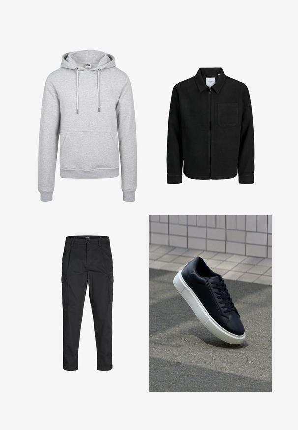 Čierna zipsová bunda s golierom a jednou náprsníkou, vystavená na bielom pozadí.; Šedá mikina s kapucňou a klokánkovou vreckom, elastickými manžetami, sťahovacími šnúrkami a jemnou, textúrovanou tkaninou. Neformálny dizajn vhodný na vrstvenie.; Čierne cargo nohavice z odolnej látky, s viacerými vreckami, gombíkovým zapínaním a úzkym strihom so zúženými nohavicami.; Čierne kožené tenisky s okrúhlou špičkou a bielou gumovou podrážkou. Majú ploché šnúrky a minimálne šitie na vrchu. Textúrovaná podrážka pre lepšiu priľnavosť.