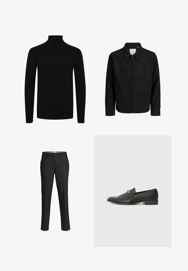 Giacca nera con zip, colletto e una tasca sul petto, mostrata su sfondo bianco.; Maglione a collo alto nero, con maniche lunghe, colletto e orlo a costine, realizzato in un morbido tessuto a maglia, presenta un logo discreto sul lato inferiore.; Pantaloni neri, vestibilità sartoriale, tessuto liscio, vita media, chiusura con bottone frontale, tasche diagonali e dettagli di piega lungo le gambe.; Mocassino in pelle nera con finitura liscia, caratterizzato da un design cucito e da un accento decorativo in catena metallica sul vamp. Tacco piatto.