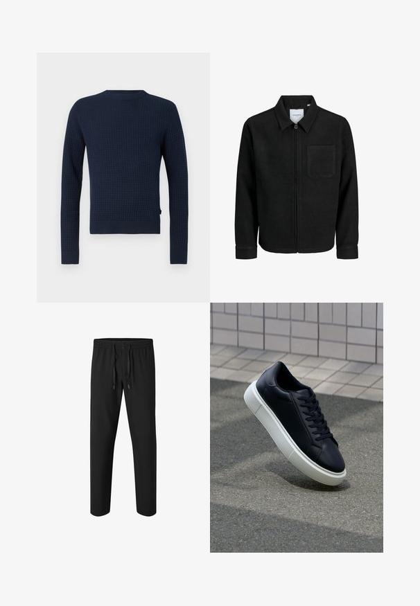 Crna jakna na zip s ovratnikom i jednim džepom na prsima, prikazana na bijeloj pozadini.; Mornarsko plavi pleteni pulover s teksturiranim uzorkom, dugim rukavima, okruglim izrezom i rebrastim manžetama i donjim rubom. Sadrži suptilni logo sa strane.; Crne hlače s elastičnim pojasom i podesivim vezanjem. Izrađene od glatkog materijala, imaju ravni kroj i nemaju džepove.; Crne kožne tenisice s zaobljenim vrhom i bijelim gumiranim potplatom. Imaju ravne vezice i minimalno šivanje na gornjem dijelu. Teksturirani potplat za bolje prianjanje.