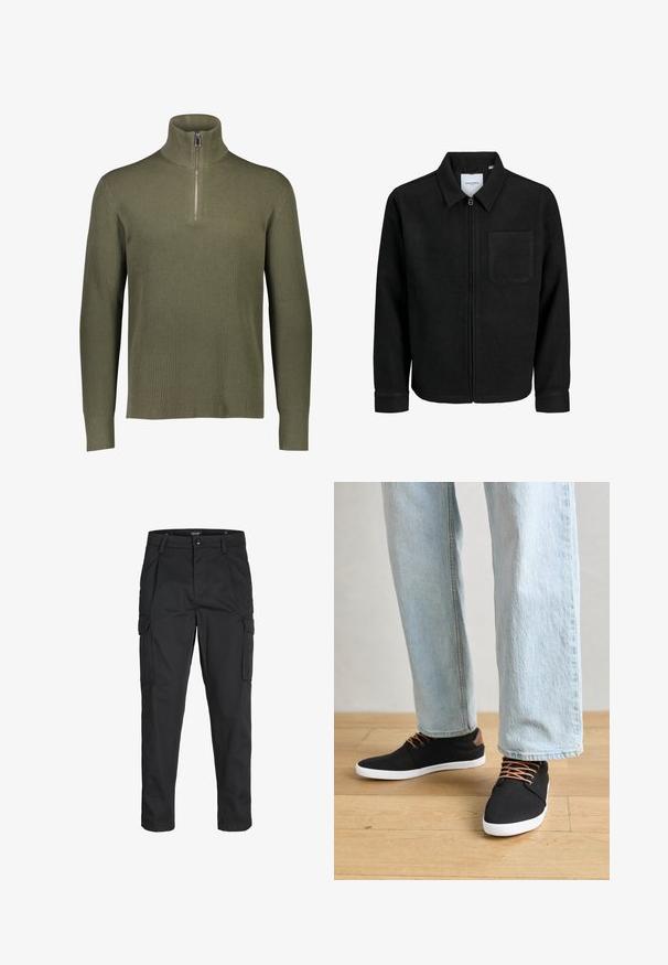 Melna jaka ar rāvējslēdzēju un apkakli, vienu krūšu kabatu, parādīta uz baltas fona.; Olive zaļš ribots trikotāžas džemperis ar augstu apkakli un ceturtdaļas rāvējslēdzējs. Izkārtoti garās piedurknes un teksturēta apdare.; Melnas kravas bikses, izgatavotas no izturīga auduma, ar vairākiem kabatām, pogu aizdari un šaura piegriezuma dizainu ar sašaurinātiem kāju apakšiem.; Melnas auduma čības ar brūniem akcentiem, baltām gumijas zolēm un brūnām šņorēm, kombinētas ar gaiši ziliem taisnajiem džinsiem. Koka grīdas fons.