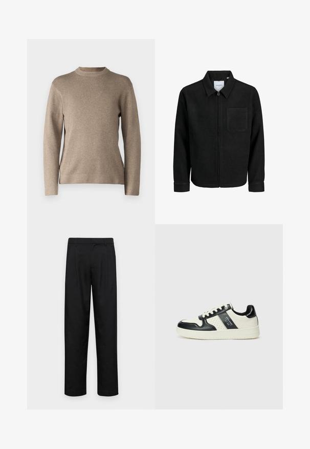 Black zip-up jacket with collar and single chest pocket, displayed on white background.; Beige sweater with a round neck, long sleeves, ribbed cuffs, and a soft, textured fabric. Features a simple design and relaxed fit.; Black trousers made of smooth fabric, featuring a straight-leg design, two front pleats, and standard waistband with belt loops.; Leather sneakers with a black and cream color scheme, featuring perforated accents, a padded collar, and a textured outsole.