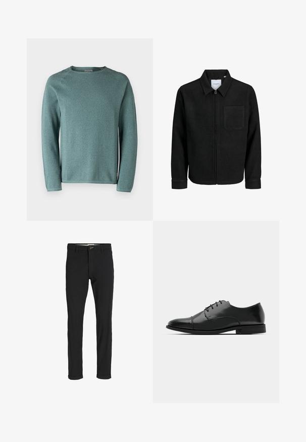 Black zip-up jacket with collar and single chest pocket, displayed on white background.; Jack & Jones JJEHILL CREW NECK - Jumper - goblin blue; Black cotton blend pants with a slim fit, featuring a button closure, pockets, and rolled cuffs for a casual finish.; Black leather dress shoe with a rounded toe, lace-up design, subtle stitching details, and a low heel. Smooth texture with polished finish.
