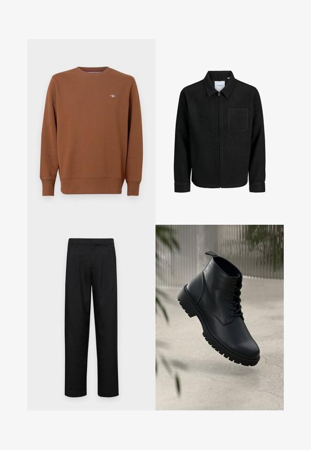 Crna jakna na zip s ovratnikom i jednim džepom na prsima, prikazana na bijeloj pozadini.; Smeđa majica s okruglim izrezom od mekanog materijala, dugi rukavi i mali vezeni logo na prsima. Rebrasti rubovi na rukavima i donjem dijelu.; Crne hlače od glatkog materijala, s dizajnom ravnih nogavica, dva prednja nabora i standardnim pojasom s petljama za remen.; Crne kožne čizme do gležnja s округлим prstima, čipkastim dizajnom i robusnim gumenim đonom. Glatka tekstura s trakicom na stražnjoj strani.