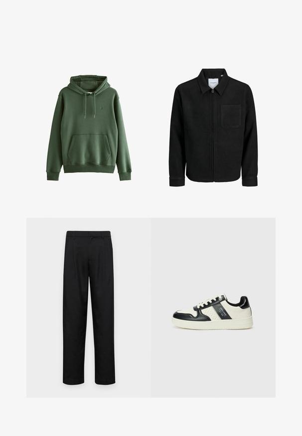 Zwarte zip-up jas met kraag en enkele borstzak, weergegeven op een witte achtergrond.; Groene katoenen hoodie met een voorkuil, verstelbare trekkoordkap, ribgebreide manchetten en een klein logo. Gladde textuur, casual ontwerp.; Zwarte broeken van gladde stof, met een recht model, twee voorknikken en een standaard tailleband met riemlussen.; Leren sneakers met een zwart en crèmekleurig kleurenschema, voorzien van geperforeerde accenten, een gevoerde kraag en een gestructureerde buitenzool.