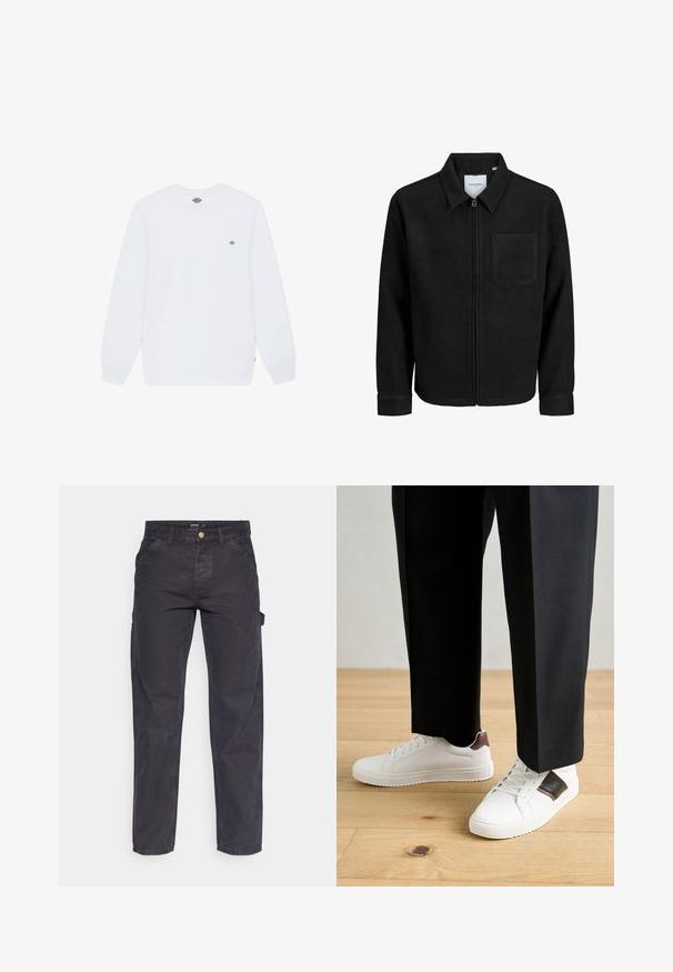 Chaqueta negra con cremallera y cuello, con un solo bolsillo en el pecho, expuesta sobre un fondo blanco.; Camiseta de manga larga blanca con cuello redondo, hecha de algodón, con un pequeño logo en el pecho y puños acanalados. Textura suave, sin estampados.; Pantalones cargo de color gris oscuro, confeccionados con un tejido duradero, que presentan un corte recto, cinco bolsillos y un cierre de botón en la cintura.; Zapatillas blancas con textura suave, con acentos de cuero marrón y detalles en negro, combinadas con pantalones negros ajustados. Fondo de suelo de madera.