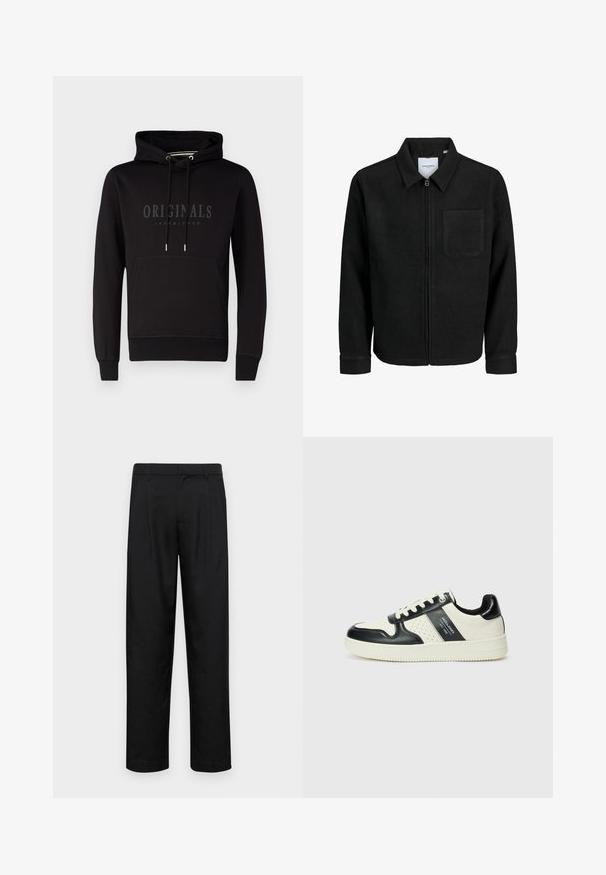 Jachetă neagră cu fermoar, cu guler și un singur buzunar pe piept, expusă pe fundal alb.; Hanorac negru cu buzunar tip kengur, glugă cu șnur și logo embosat "ORIGINALS JACK & JONES" pe față. Material din amestec de bumbac.; Pantaloni negri dintr-un material neted, cu un design drept, două pliuri frontale și un tiv standard cu bucle pentru curea.; Tenisi din piele cu un scheme de culori negru și crem, dotati cu accente perforate, guler căptușit și o talpă texturată.