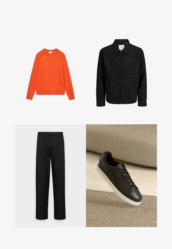 Zwarte zip-up jas met kraag en enkele borstzak, weergegeven op een witte achtergrond.; Oranje trui van zacht materiaal, met een geribbelde halslijn en zoom, lange mouwen en een relaxte pasvorm. Geen patronen of versieringen.; Zwarte broeken van gladde stof, met een recht model, twee voorknikken en een standaard tailleband met riemlussen.; Zwarte leren sneakers met een witte rubberen zool en zwarte veters, gepositioneerd tegen een beige stoffen oppervlak en achtergrond.