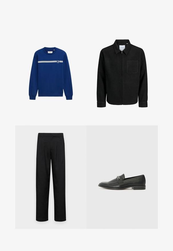 Fekete, zipzáros dzseki gallérral és egyetlen mellzsebbel, fehér háttéren.; TOM TAILOR DENIM MIT LOGOPRINT - Melegítőfelső - space cadet blue; Fekete nadrág sima anyagból, egyenes szárú fazonnal, két elülső redővel és közönséges derékkal, övhurkokkal.; Fekete bőr loaferek sima felülettel, varrott mintával és díszítő fém lánccal a cipő elején. Lapos sarok.