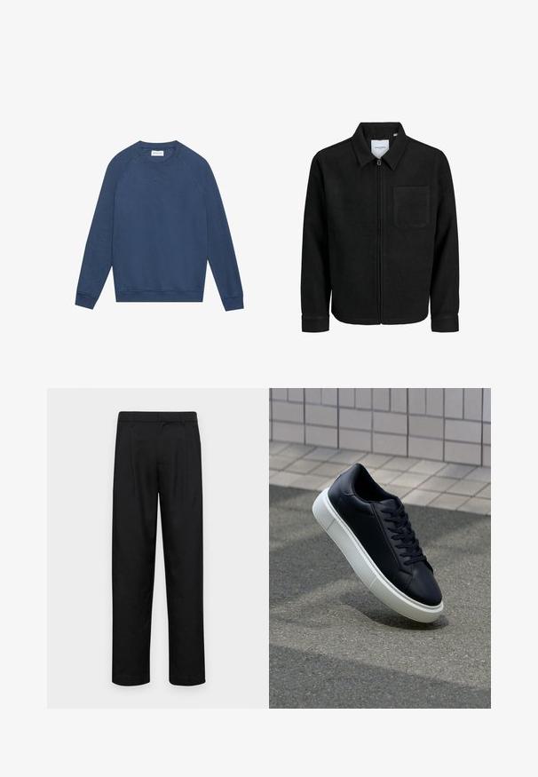 Svart zip-jacka med krage och en enda bröstficka, visad på vit bakgrund.; Blå långärmad sweatshirt med rund hals, raglanärmar, ribbad mudd och nederkant, samt en liten broderad "X"-detalj under halsringningen.; Svarta byxor i slät väv, med rak ben-design, två framfickor och standardmidja med bälteshällor.; Svart lädersneaker med rundad tå och vit gummisula. Har platta snören och minimal sömnad på ovansidan. Texturerad sula för grepp.