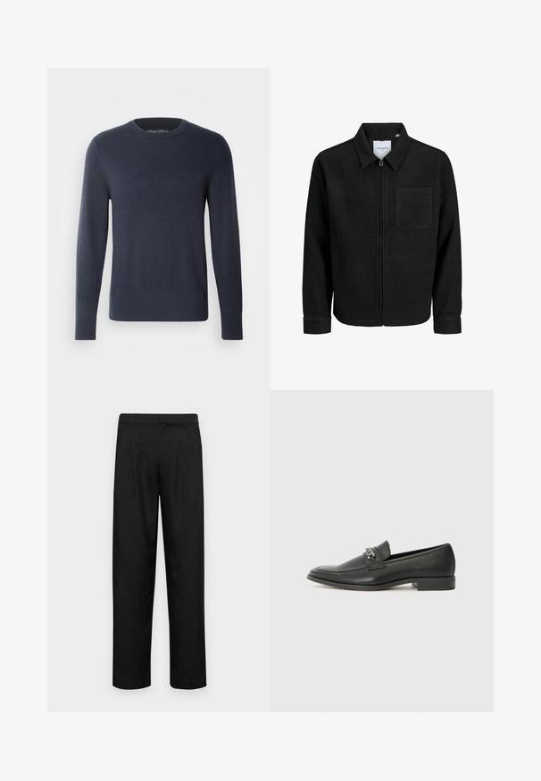 Melna jaka ar rāvējslēdzēju un apkakli, vienu krūšu kabatu, parādīta uz baltas fona.; Tumši zils džemperis, izgatavots no mīksta dzijas materiāla. Ar apaļu kakla izgriezumu, garām piedurknēm, ribotām aprocēm un apakšmalu, ar izspiestu logotipu uz krūšu daļas.; Melnas bikses, izgatavotas no gludas auduma, ar taisnu kāju dizainu, divām priekšējām krokām un standarta jostu, kurai ir āķi.; Melna ādas loafer izmēra apavi ar gludu virsmu, piedāvā ar šūtu dizainu un dekoratīvu metāla ķēdes akcentu pār vampu. Plakana papēža daļa.