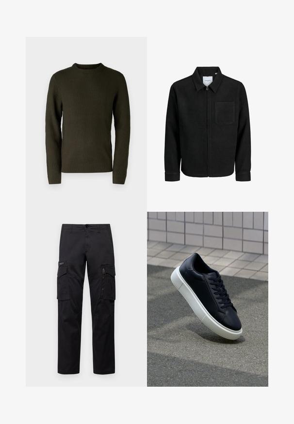 Crna jakna na zip s ovratnikom i jednim džepom na prsima, prikazana na bijeloj pozadini.; Tamno maslinasto zeleni pleteni džemper s rebrastom teksturom, okruglim izrezom i dugim rukavima s uskim manžetama.; Crne cargo hlače s više džepova, zatvorenim džepom na bedru, ravnog kroja i čvrstog pamuka s blagim sjajem.; Crne kožne tenisice s zaobljenim vrhom i bijelim gumiranim potplatom. Imaju ravne vezice i minimalno šivanje na gornjem dijelu. Teksturirani potplat za bolje prianjanje.