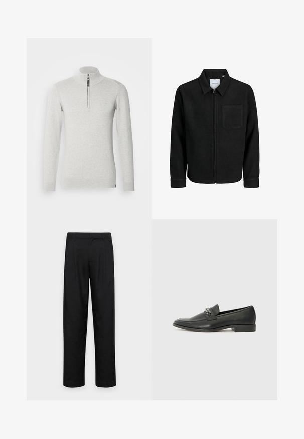 Sort lynlåsjakke med krave og en enkelt brystlomme, vist på hvid baggrund.; Lys grå zip-up sweater lavet af blødt stof, med en stiv krave og lange ærmer med ribbede manchetter og kant.; Sorte bukser lavet af glat stof, med et lige ben-design, to frontfolder og en standard talje med bæltestropper.; Sorte læder loafers med en glat finish, der har et syet design og et dekorativt metal kædeaccent hen over vamps. Flad hæl.