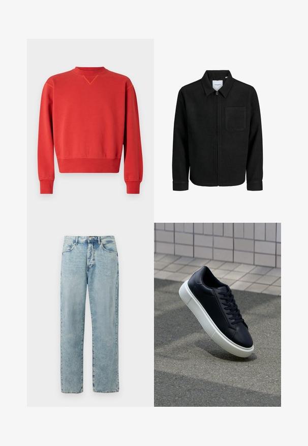 Melna jaka ar rāvējslēdzēju un apkakli, vienu krūšu kabatu, parādīta uz baltas fona.; Sarkans džemperis ar apaļu kakla izgriezumu un garām piedurknēm. Gluda tekstūra, ribināti piedurkņu gali un apakšmala, ar smalku V-šuvju detaļu pie kakla.; Gai zila taisna kāju džinsu bikses ar pogu un rāvējslēdzēju, priekšējām kabatām un viegli izbalinātu detalizāciju.; Melnas ādas kedas ar noapaļotu pirkstu un baltu gumijas zoli. Iespējas - plakanas šņorītes un minimāla apdare augšdaļā. Struktūrēta zole, lai nodrošinātu saķeri.