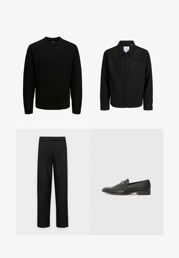Črna jakna z zadrgo in ovratnikom ter enim žepom na prsih, prikazana na beli podlagi.; Črna pletena jopica z okroglim izrezom, dolgimi rokavi in ribanim zaključkom na ovratniku in spodnjem robu. Mehka tekstura, sproščen kroj.; Črne hlače iz gladkega materiala, s krojem ravne noge, dvema sprednjima pregiboma in standardnim pasom z zankami za pas.; Črni usnjeni loafer z gladko površino, ki ima šivano zasnovo in dekorativni kovinski verižni naglas preko vampirja. Ravno peto.