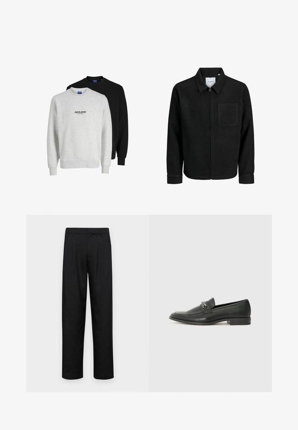 Sort lynlåsjakke med krave og en enkelt brystlomme, vist på hvid baggrund.; To sweatshirts fra Jack & Jones: en lys grå med et logo, den anden sort. Begge har runde halsudskæringer og ribbede manchetter.; Sorte bukser lavet af glat stof, med et lige ben-design, to frontfolder og en standard talje med bæltestropper.; Sorte læder loafers med en glat finish, der har et syet design og et dekorativt metal kædeaccent hen over vamps. Flad hæl.