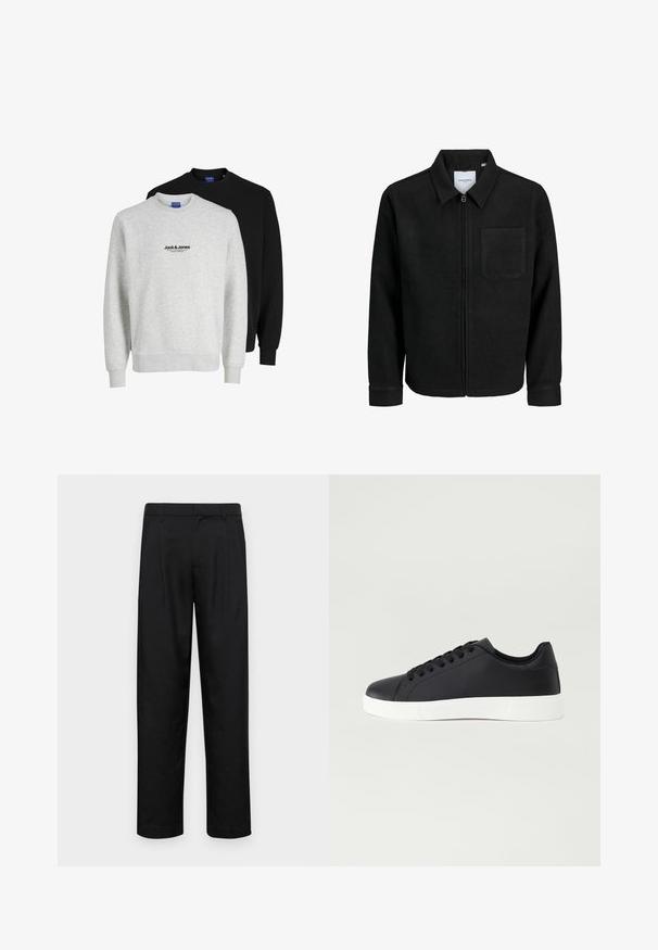 Crna jakna na zip s ovratnikom i jednim džepom na prsima, prikazana na bijeloj pozadini.; Dva duksera marke Jack & Jones: jedan svijetlosivi s logotipom, a drugi crni. Oboje imaju okrugle izreze i rebraste manžete.; Crne hlače od glatkog materijala, s dizajnom ravnih nogavica, dva prednja nabora i standardnim pojasom s petljama za remen.; Pier One Tenisice - black