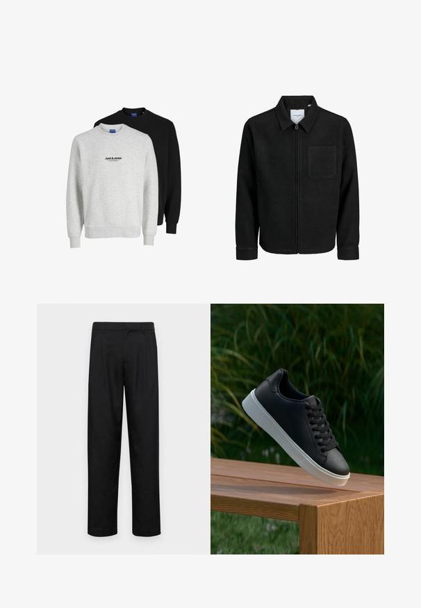 Jachetă neagră cu fermoar, cu guler și un singur buzunar pe piept, expusă pe fundal alb.; Două hanorace de la Jack & Jones: unul gri deschis cu un logo, celălalt negru. Ambele au decolteu rotund și manșete din tricot.; Pantaloni negri dintr-un material neted, cu un design drept, două pliuri frontale și un tiv standard cu bucle pentru curea.; Adidași din piele neagră cu o textură netedă, talpă din cauciuc alb și șase orificii pentru șireturi, expuși pe o suprafață din lemn.