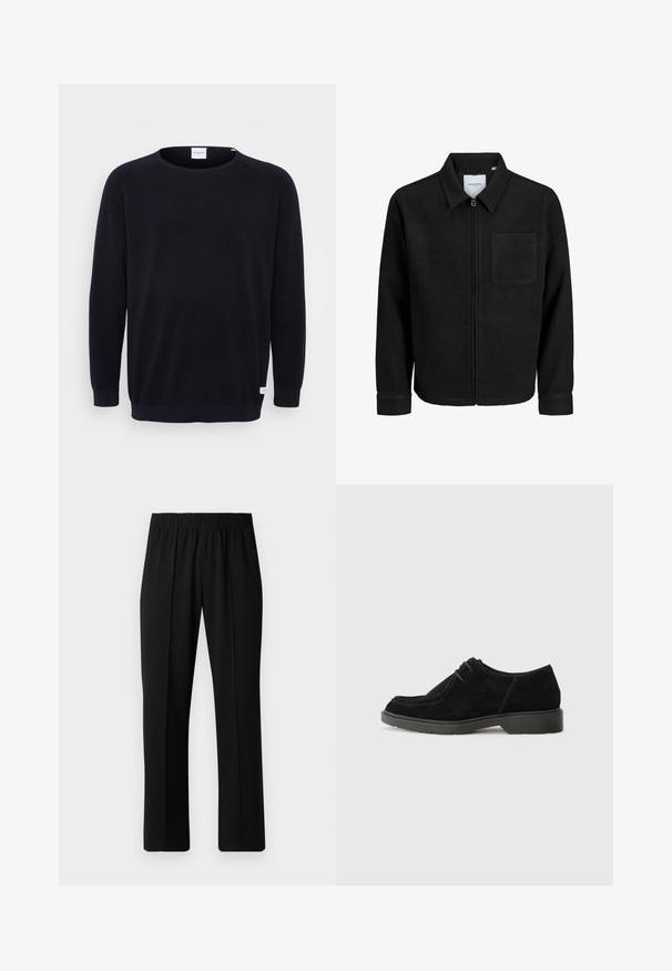 Schwarze Zip-Jacke mit Kragen und einer einzelnen Brusttasche, auf weißem Hintergrund präsentiert.; Schwarzer gestrickter Pullover mit Rundhalsausschnitt und langen Raglanärmeln. Merkmale sind gerippte Bündchen und Saum, Strukturstoff und ein kleines Etikett am Saum.; Schwarze, Gummibund-Hosen mit geradem Schnitt, die eine glatte Textur aufweisen und keine sichtbaren Muster oder Beschläge haben.; Schwarze Wildleder-Halbschuhe mit runder Spitze, kontrastierenden Nähten und einer Gummisohle. Minimalistische Schnürung und ein glattes Oberdesign.