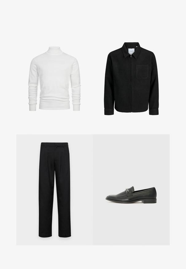 Schwarze Zip-Jacke mit Kragen und einer einzelnen Brusttasche, auf weißem Hintergrund präsentiert.; Weißer Rollkragenpullover mit strukturierten horizontalen Streifen, gerippten Bündchen und Saum. Das Strickgewebe sorgt für ein weiches, gemütliches Aussehen.; Schwarze Hose aus glattem Stoff, mit geradem Bein Design, zwei vorderen Falten und einem Standardbund mit Gürtelschlaufen.; Schwarzer Lederloafer mit glatter Oberfläche, ausgestattet mit einer gesteppten Gestaltung und einem dekorativen Metallkettendetail über dem Vorderblatt. Flacher Absatz.