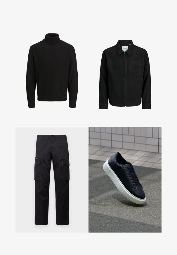 Černá zipová bunda s límečkem a jednou kapsou na hrudi, vystavená na bílém pozadí.; Černý rolák vyrobený z texturované pleteniny, disponující dlouhými rukávy a žebrovaným límcem a lemem. Boční rozparky pro pohodlný pohyb.; Černé cargo kalhoty s několika kapsami, zipovou kapsou na stehnu, přímým střihem a pevnou bavlněnou tkaninou s lehkým leskem.; Černé kožené tenisky s kulatou špičkou a bílou gumovou podrážkou. mají ploché tkaničky a minimální šití na svršku. Texturovaná podrážka pro lepší přilnavost.