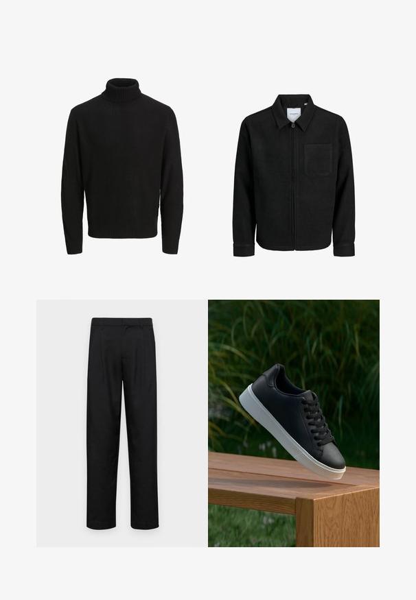 Musta vetoketjullinen takki, jossa on kaulus ja yksi rintatasku, esitelty valkoista taustaa vasten.; Musta poolpika kaelusega sviiter, mis on valmistatud tekstuursetest kudumiskangast, millel on pikad varrukad ja ribaga kaelus ning hem. Küljel on lõhikuid liikumisvabaduse tagamiseks.; Mustat housut, jotka on valmistettu sileästä kankaasta, suoran lahkeen muotoilulla, kahdella etupleekillä ja tavanomaisella vyötäröllä, jossa on vyölenkit.; Musta nahkakengät, joissa on sileä pinta, valkoinen kumipohja ja kuusi aukkoa nauhoille, esillä puupinnalla.