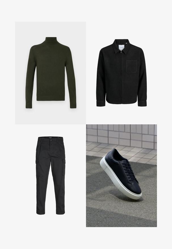 Čierna zipsová bunda s golierom a jednou náprsníkou, vystavená na bielom pozadí.; Zelený rolák vyrobený z mäkkej látky s dlhými rukávmi, rebrovanými manžetami a spodným lemom, ktorý má priliehavý strih a hladkú textúru.; Čierne cargo nohavice z odolnej látky, s viacerými vreckami, gombíkovým zapínaním a úzkym strihom so zúženými nohavicami.; Čierne kožené tenisky s okrúhlou špičkou a bielou gumovou podrážkou. Majú ploché šnúrky a minimálne šitie na vrchu. Textúrovaná podrážka pre lepšiu priľnavosť.