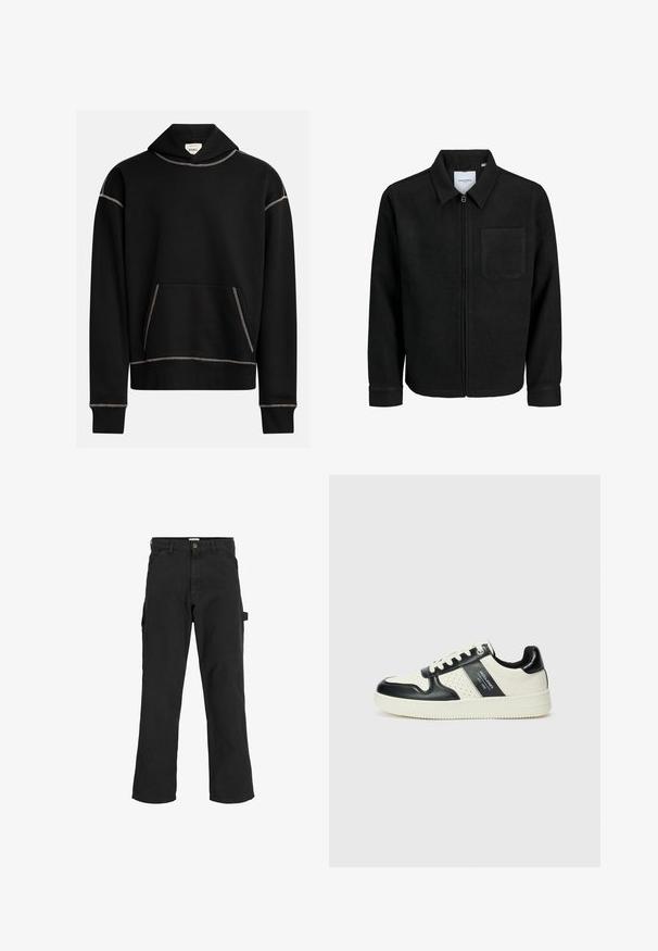 Giacca nera con zip, colletto e una tasca sul petto, mostrata su sfondo bianco.; Felpa nera con cuciture bianche a vista, tasca frontale a marsupio e un'etichetta all'interno del cappuccio con la scritta "REBEL".; Pantaloni cargo neri in tessuto misto cotone. Presentano gambe ampie, tasche anteriori oblique e una tasca laterale con un anello per accessori.; Sneakers in pelle con una combinazione di colori nero e crema, dotati di dettagli perforati, collare imbottito e suola testurizzata.