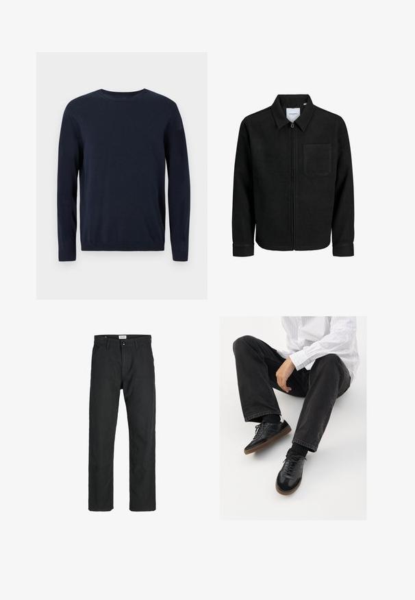 Jachetă neagră cu fermoar, cu guler și un singur buzunar pe piept, expusă pe fundal alb.; Pulover tricotat bleumarin, cu mâneci lungi, decolteu tip crew și manșete și tiv cu nervuri. Prezintă un mic logo pe piept.; Pantaloni negri dintr-un material durabil, cu un design cu picior drept, accente cusute și două buzunare frontale pentru funcționalitate.; Adidași negri cu un model neted și texturat, având o talpă din cauciuc și șireturi închise la culoare. Asortați cu blugi negri și o cămașă albă cu dungi.