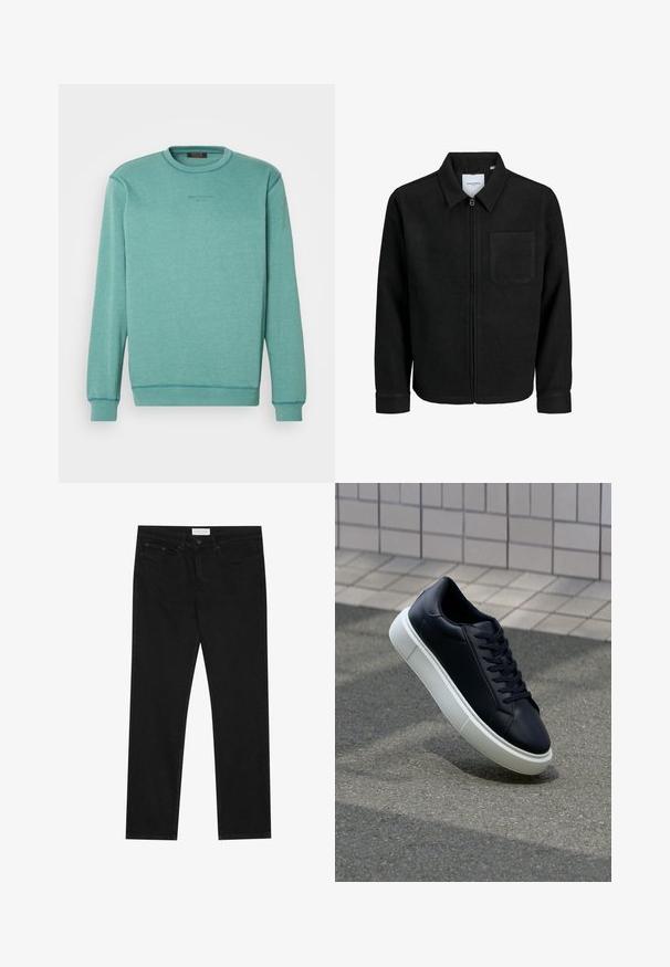 Jachetă neagră cu fermoar, cu guler și un singur buzunar pe piept, expusă pe fundal alb.; Sweater ușor teal cu guler rotund, mâneci lungi și cusături contrastante. Prezintă textul "Wear The Code" într-un print subtil.; Jeans negri cu croială drept, cu cinci buzunare, închidere cu nasture și fermoar, și etichetă de marcă Pier One pe talie.; Tenis cu piele neagră, cu vârful rotund și talpă din cauciuc alb. Are șireturi plate și cusături minime pe suprafață. Tălpile texturate oferă aderență.