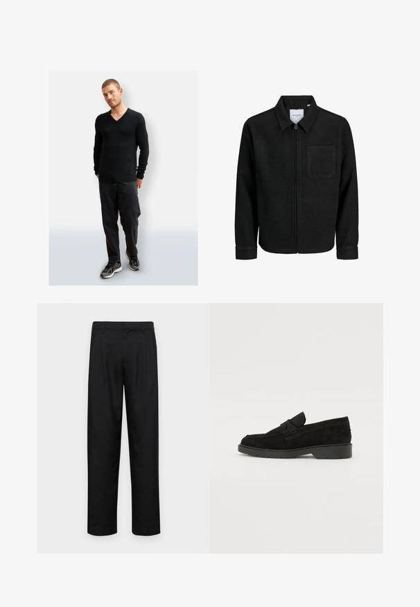 Černá zipová bunda s límečkem a jednou kapsou na hrudi, vystavená na bílém pozadí.; Černý svetr s výstřihem do V vyrobený z měkkého materiálu, kombinovaný s volnými černými kalhotami a sportovními černými teniskami. Jednoduchý, čistý design s žebrovanými manžetami.; Černé kalhoty vyrobené z hladké látky, s rovnou nohavicí, dvěma předními sklady a standardním pasem se poutky na opasek.; Černé semišové mokasíny s nízkým podpatkem, s jednoduchým páskem přes horní část a texturovanými detaily po stranách.