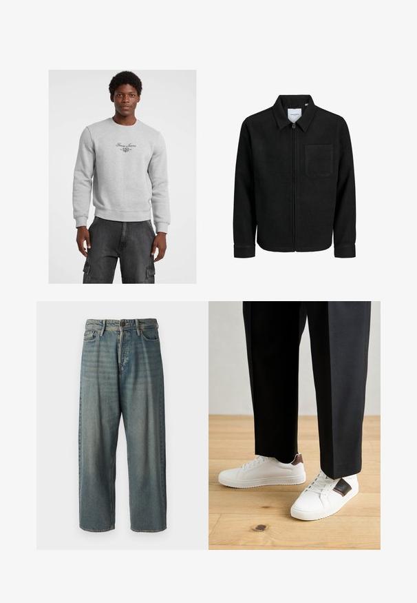 Mustaga lukuga jakker, millel on krae ja üks rinna-tasku, esitatud valgel taustal.; Hallhii uttrykslikud hall kampsun, millel on ümar kaelus, soonikkoes ja -äär. Rindkere peal on must "Guess Jeans" logo ja embleem. Kandmiseks on valitud tumedad cargo püksid.; Heledad sinine denim-stiilis teksad, volüümse lõike, keskmise kõrgusega talje ja sirgete säärega. Omab viit taskut, vöökumme ja nööpide sulgemist.; Valged sneakersid siledat tekstuurist, millel on pruunad nahast detailid ja mustad aksessuaarid, millele on sobitatud mustad kohandatud püksid. Puitpõranda taust.