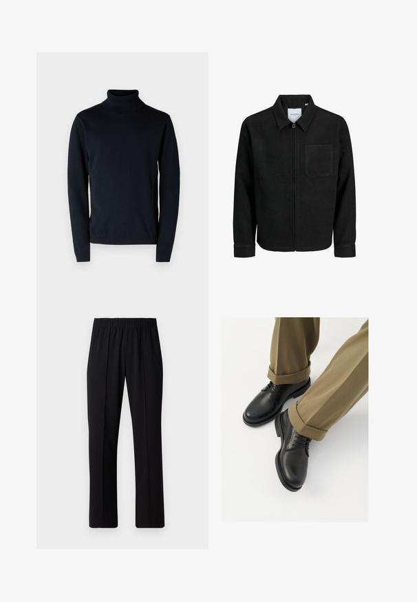 Giacca nera con zip, colletto e una tasca sul petto, mostrata su sfondo bianco.; Maglione a dolcevita di un elegante blu scuro realizzato in tessuto morbido e elasticizzato. Presenta maniche lunghe e polsini e orlo a coste. Design semplice e pulito.; Pantaloni neri con vita elasticizzata e design a gamba dritta, caratterizzati da una texture liscia e senza motivi o hardware visibili.; Scarpe da uomo in pelle nera con una finitura liscia, dotate di lacci e punta arrotondata, abbinate a pantaloni khaki arrotolati.