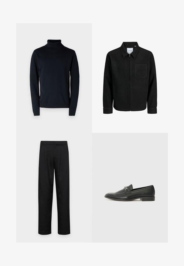 Black zip-up jacket with collar and single chest pocket, displayed on white background.; Dark navy turtleneck sweater made of soft, stretchy fabric. Features long sleeves and ribbed cuffs and hem. Simple, clean design.; Black trousers made of smooth fabric, featuring a straight-leg design, two front pleats, and standard waistband with belt loops.; Black leather loafer with a smooth finish, featuring a stitched design and a decorative metal chain accent across the vamp. Flat heel.