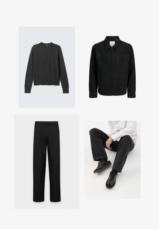 Fekete, zipzáros dzseki gallérral és egyetlen mellzsebbel, fehér háttéren.; Sötét szürke kötött pulóver kerek nyakkivágással, bordázott mandzsettával és szegéllyel. Az anyaga sima tapintású, és laza szabású dizájnnal rendelkezik.; Fekete nadrág sima anyagból, egyenes szárú fazonnal, két elülső redővel és közönséges derékkal, övhurkokkal.; Fekete tornacipők sima és texturált felsőrészel, gumitalppal és sötét cipőfűzőkkel. Fekete farmernadrággal és fehér csíkos inggel párosítva.