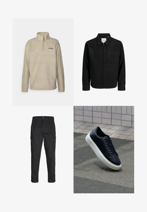Black zip-up jacket with collar and single chest pocket, displayed on white background.; Beige fleece pullover with a half-zip collar, long sleeves, and a flat chest pocket featuring a small logo. Soft texture and simple design.; Black cargo pants made of sturdy fabric, featuring multiple pockets, a button closure, and a slim fit design with tapered legs.; Black leather sneaker with rounded toe and white rubber sole. Features flat laces and minimal stitching on the upper. Textured sole for grip.