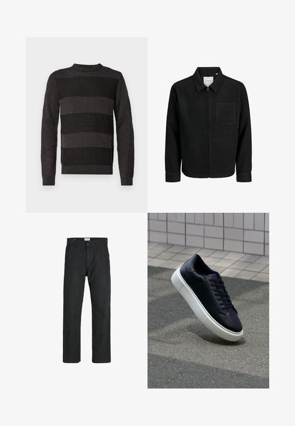 Schwarze Zip-Jacke mit Kragen und einer einzelnen Brusttasche, auf weißem Hintergrund präsentiert.; Strickpullover mit langen Ärmeln, rundem Ausschnitt und strukturiertem dunkelgrau-schwarzem Streifenmuster. Rippbündchen und Saumdetails.; Schwarze Hosen aus strapazierfähigem Stoff, mit geradem Bein, genähten Akzenten und zwei vorderen Taschen für Funktionalität.; Schwarze Leder-Sneaker mit runder Zehenpartie und weißer Gummisohle. Verfügt über flache Schnürsenkel und minimale Nähte im Obermaterial. Strukturiertes Sohlenprofil für besseren Halt.