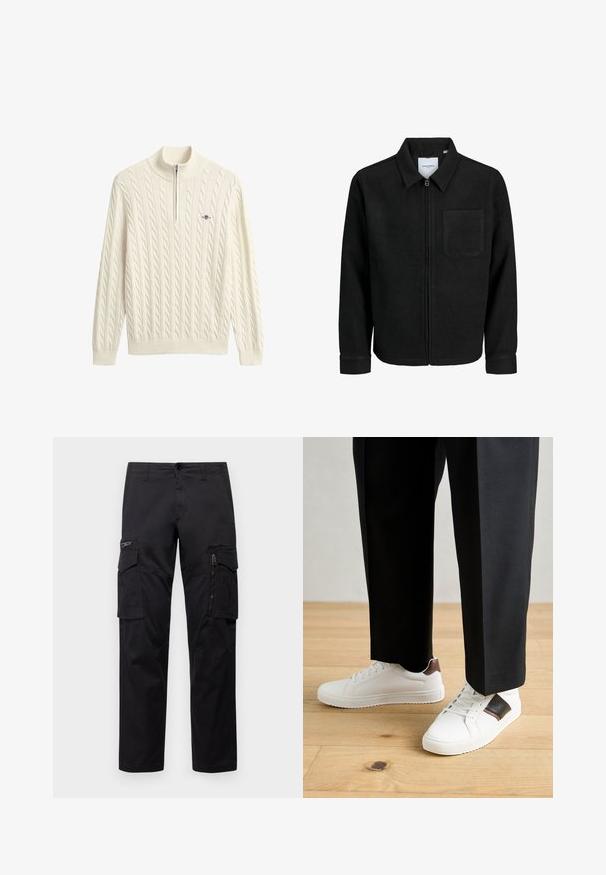 Giacca nera con zip, colletto e una tasca sul petto, mostrata su sfondo bianco.; Maglione lavorato a maglia color crema con collo alto, caratterizzato da motivi a trecce e chiusura con mezza zip. Polsini e orlo a coste completano il design.; Pantaloni cargo neri con multiple tasche, tasca con zip sulla coscia, vestibilità dritta e in resistente cotone con un leggero lucido.; Sneakers bianchi dalla texture liscia, con dettagli in pelle marrone e particolari neri, abbinati a pantaloni neri su misura. Sfondo in parquet.