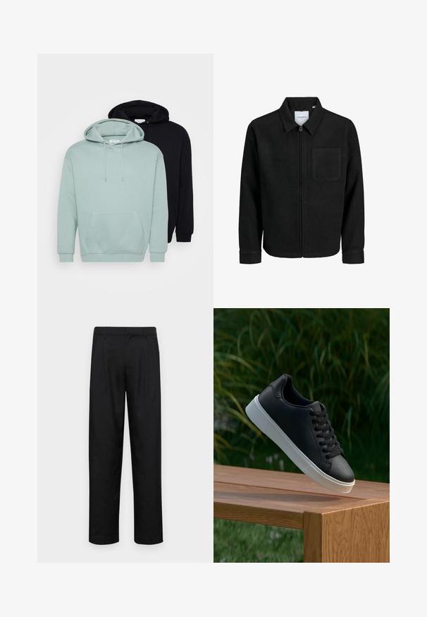 Veste zippée noire avec col et poche poitrine unique, présentée sur fond blanc.; Ensemble de deux sweat-shirts : un vert menthe clair et un noir. Les deux disposent de cordons de tirage ajustables, d'une poche avant et de bords côtes au niveau des poignets et de l'ourlet.; Pantalons noirs en tissu lisse, avec une coupe droite, deux plis avant et une taille standard avec passants de ceinture.; Baskets en cuir noir avec une texture lisse, semelle en caoutchouc blanc, et six œillets pour les lacets, disposées sur une surface en bois.