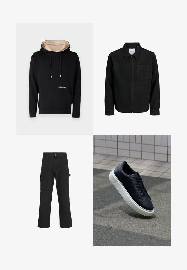 Giacca nera con zip, colletto e una tasca sul petto, mostrata su sfondo bianco.; Felpa nera con interno beige, cordini, tasca frontale e logo sul petto. Realizzata in tessuto morbido con polsini e orlo a costine.; Pantaloni cargo neri in tessuto misto cotone. Presentano gambe ampie, tasche anteriori oblique e una tasca laterale con un anello per accessori.; Sneaker in pelle nera con punta arrotondata e suola in gomma bianca. Presenta lacci piatti e cuciture minime sulla parte superiore. Suola testurizzata per una migliore aderenza.