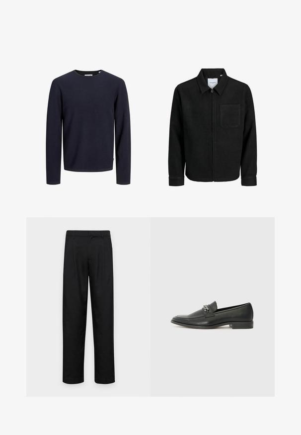 Svart zip-jacka med krage och en enda bröstficka, visad på vit bakgrund.; Mörkblå tröja med rund hals, med en strukturerad stickad mönster, långa ärmar och rak nederkant. Etikett synlig längst ner till vänster.; Svarta byxor i slät väv, med rak ben-design, två framfickor och standardmidja med bälteshällor.; Svart läderloafers med en slät yta, med en sydd design och en dekorativ metallkedjeaccent över västen. Platt häldesign.