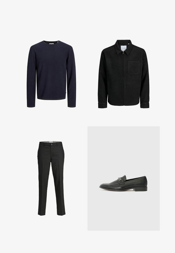 Black zip-up jacket with collar and single chest pocket, displayed on white background.; Navy blue crewneck sweater with a textured knit pattern, long sleeves, and a straight hem. Tag visible at the bottom left.; Black trousers, tailored fit, smooth fabric, mid-rise waist, front button closure, diagonal pockets, and crease detailing down the legs.; Black leather loafer with a smooth finish, featuring a stitched design and a decorative metal chain accent across the vamp. Flat heel.