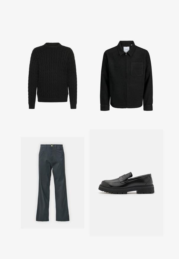 Zwarte zip-up jas met kraag en enkele borstzak, weergegeven op een witte achtergrond.; Solid SDMALCOLM - Trui - true black; Zwarte broek met een rechte pijp, gemaakt van een katoenmix. Voorzien van een metalen knoopsluiting en zijzakken. Geen zichtbare patronen.; Zwarte leren instappers met een vlakke, geribbelde zool. Voorzien van een gestikt ontwerp en een instapstijl met een decoratieve band over de voorkant.