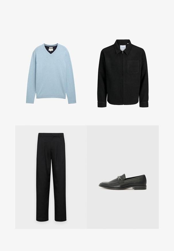 Melna jaka ar rāvējslēdzēju un apkakli, vienu krūšu kabatu, parādīta uz baltas fona.; Gaiši zils V veida džemperis, kas izgatavots no mīksta kokvilnas. Iezīmējas ar garām piedurknēm, ribotām aprocēm un diskrētu logo uz krūtīm.; Melnas bikses, izgatavotas no gludas auduma, ar taisnu kāju dizainu, divām priekšējām krokām un standarta jostu, kurai ir āķi.; Melna ādas loafer izmēra apavi ar gludu virsmu, piedāvā ar šūtu dizainu un dekoratīvu metāla ķēdes akcentu pār vampu. Plakana papēža daļa.