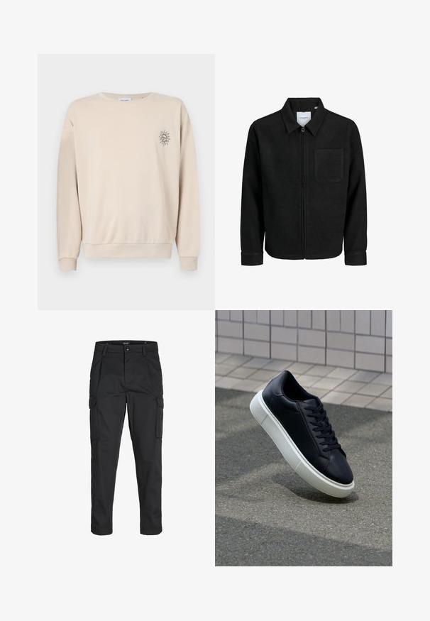 Musta vetoketjullinen takki, jossa on kaulus ja yksi rintatasku, esitelty valkoista taustaa vasten.; Beige huppari pehmeästä kankaasta, jossa on pyöreä kaula-aukko, pitkät hihat ja pieni aurinkografiikka vasemmassa rinnassa.; Mustat cargo-housut, jotka on valmistettu kestävästä kankaasta. Housuissa on useita taskuja, nappisulku ja kapea istuvuus, jossa on kapenevat lahkeet.; Mustat nahkakengät, joissa on pyöristetty kärki ja valkoinen kumipohja. Varusteena litteät nauhat ja minimaalinen ommel ylhäällä. Teksturoitu pohja pitävyyden lisäämiseksi.