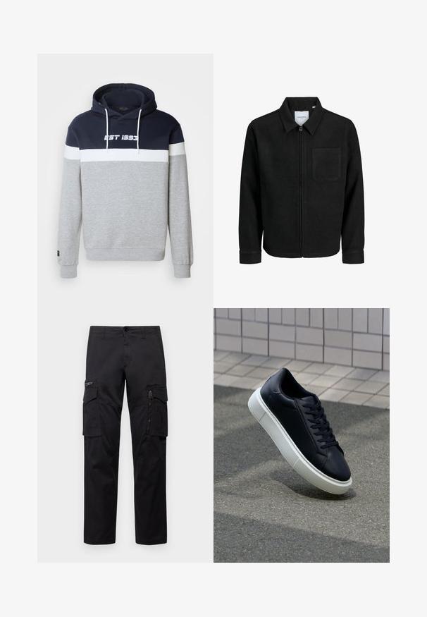 Schwarze Zip-Jacke mit Kragen und einer einzelnen Brusttasche, auf weißem Hintergrund präsentiert.; Hoodie mit grauem Körper, navyfarbener Oberseite und weißem horizontalem Streifen, auf dem "EST 1993" in Weiß gedruckt ist. Aus Baumwollmischung.; Schwarze Cargo-Hosen mit mehreren Taschen, einer Reißverschlusstasche am Oberschenkel, geradem Schnitt und strapazierfähigem Baumwollstoff mit leichtem Glanz.; Schwarze Leder-Sneaker mit runder Zehenpartie und weißer Gummisohle. Verfügt über flache Schnürsenkel und minimale Nähte im Obermaterial. Strukturiertes Sohlenprofil für besseren Halt.